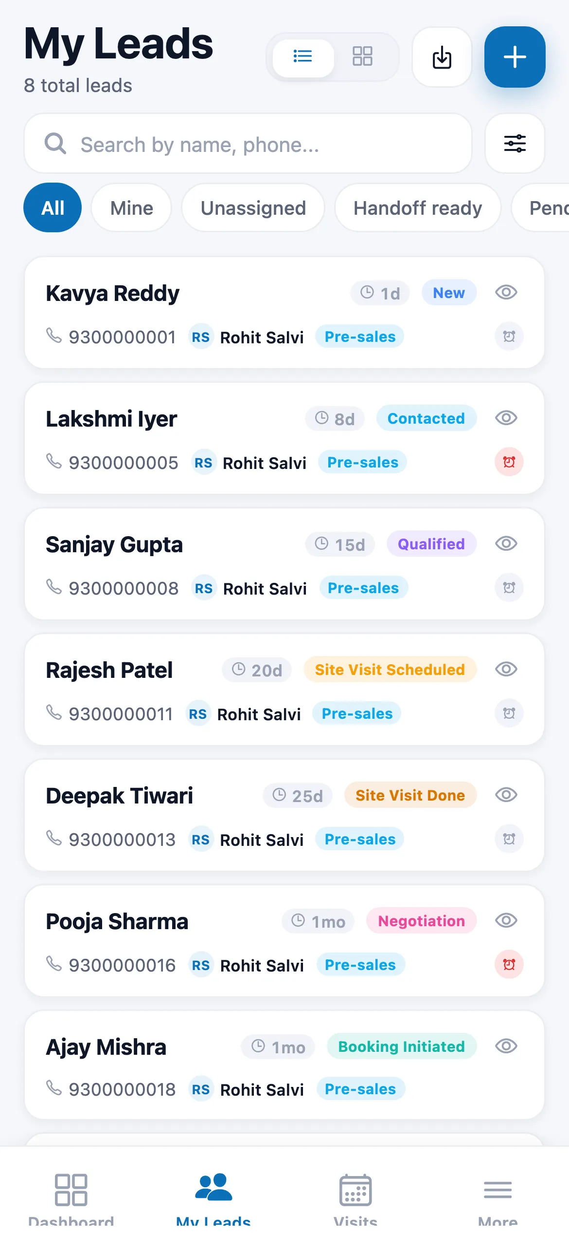 Realease mobile app showing an agent’s leads