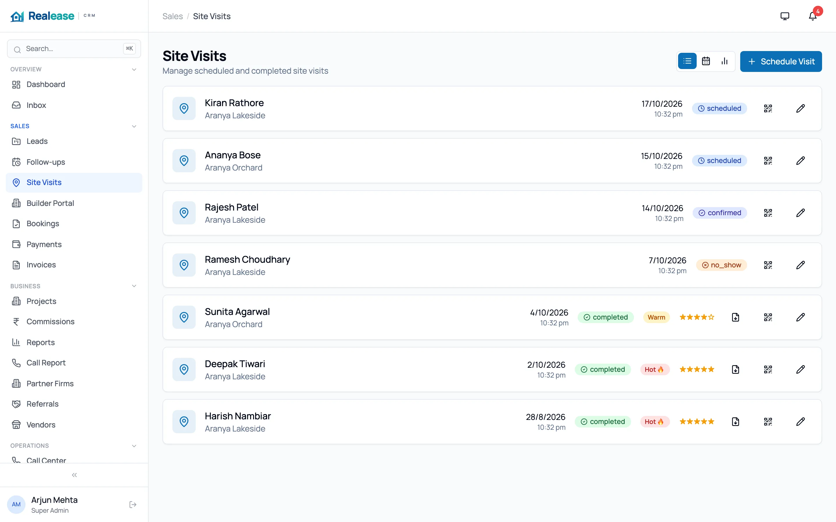 Site visits in Realease CRM